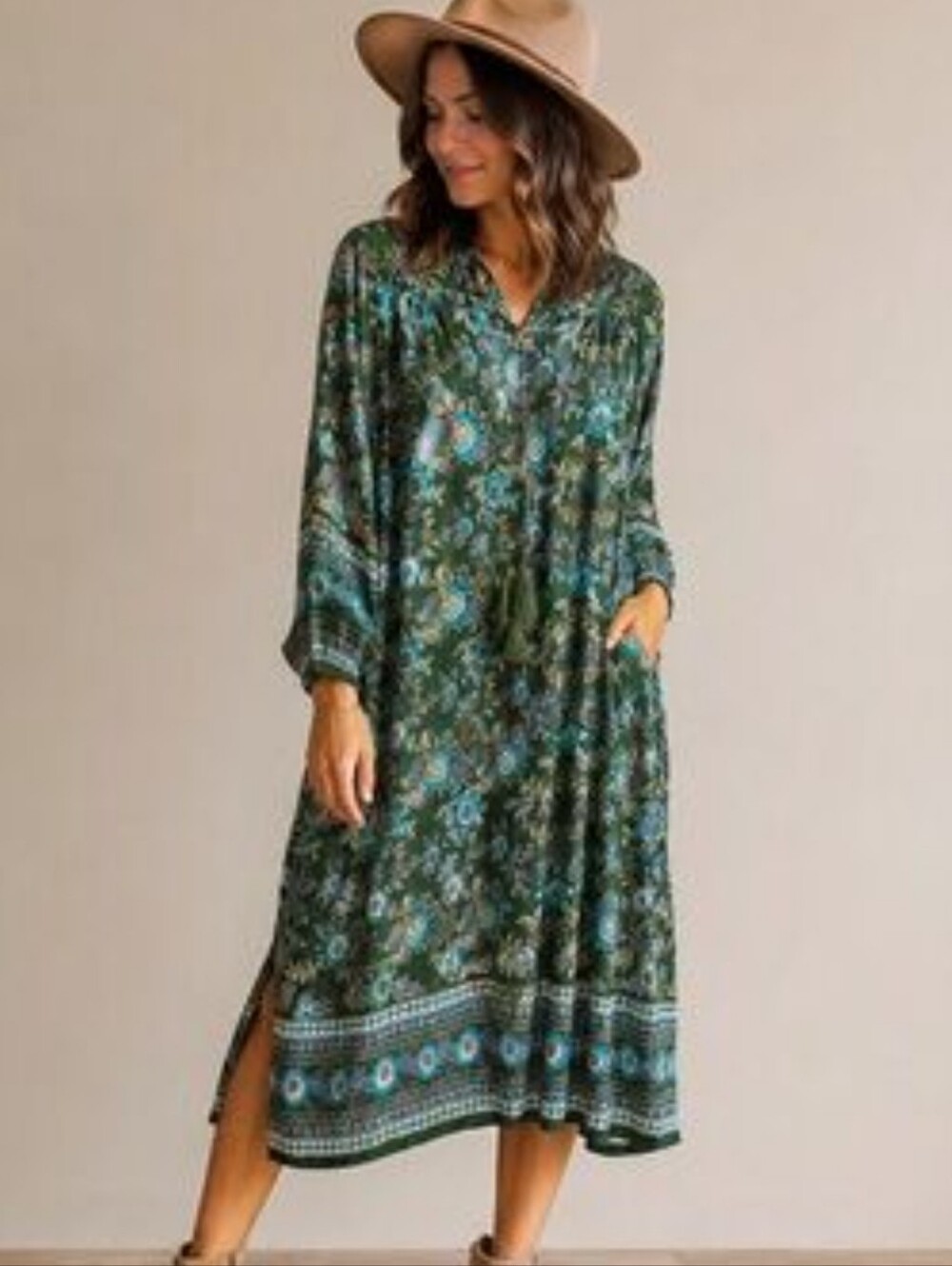 Natural Life Green Floral Boho Long Sleeve Midi Maxi Dress Size Large